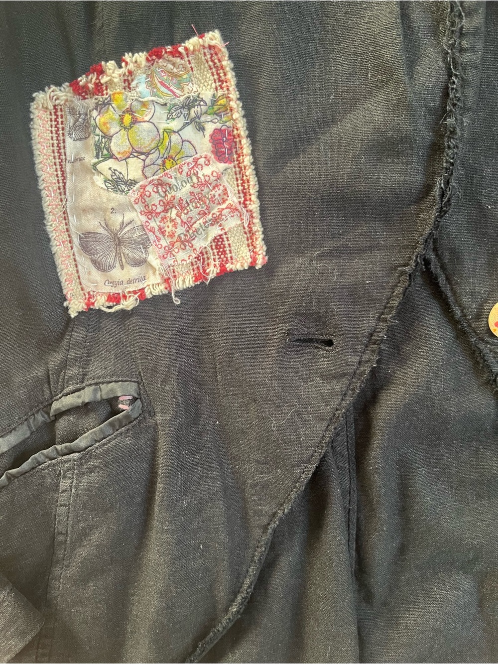 Free People Black Patchwork Floral Linen One-Button Raw Hem Lightweight Jacket - Picture 6 of 13